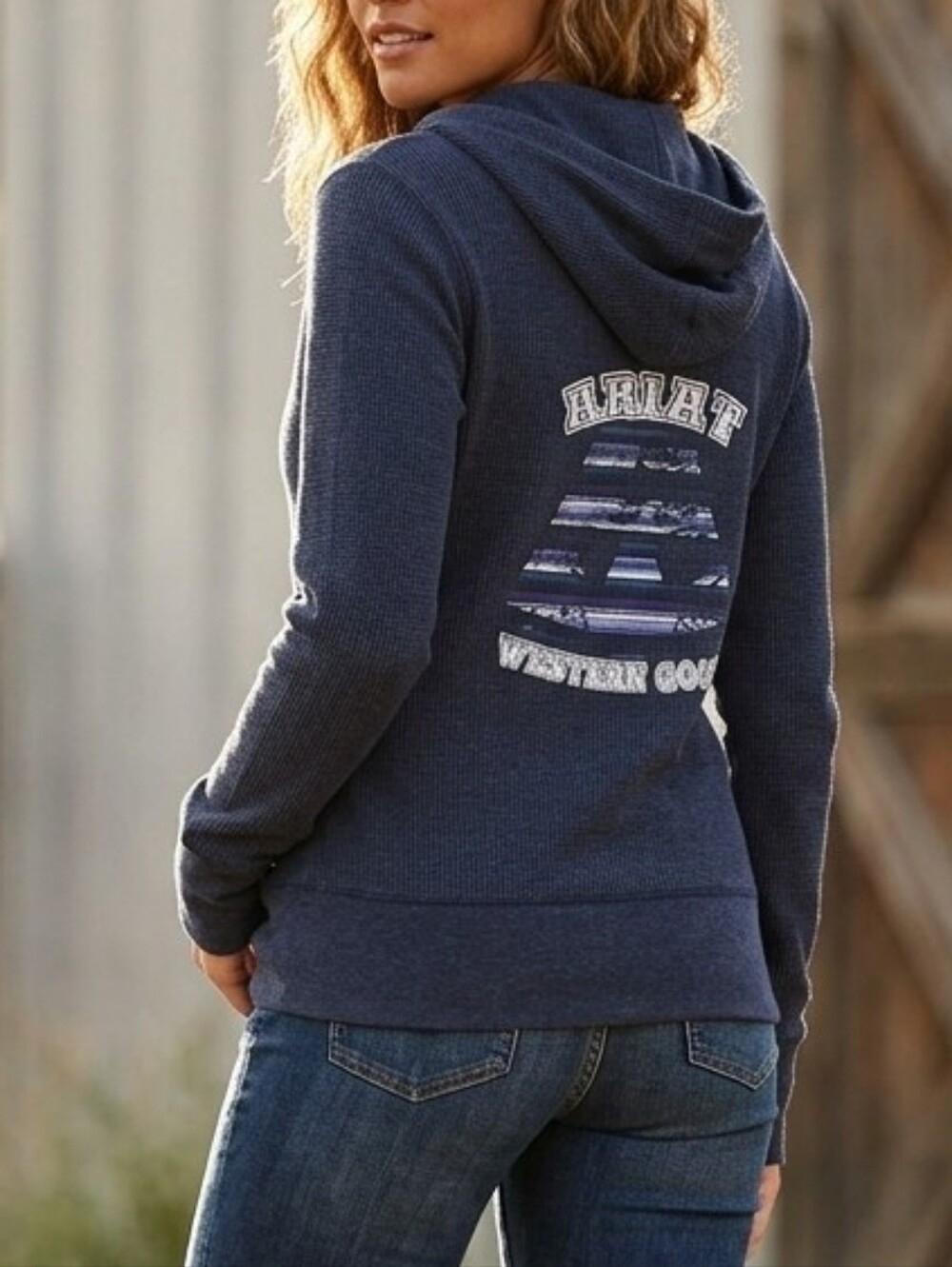 Ariat Western Goods Thermal Ribbed Full Zip Hoodie Sweatshirt Blue Arrow Tribal